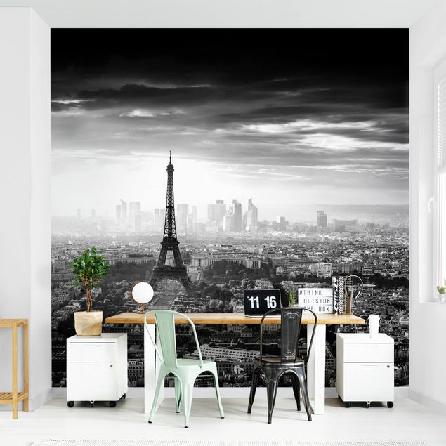 Carta da parati moderne La Torre Eiffel dall'alto in bianco e nero