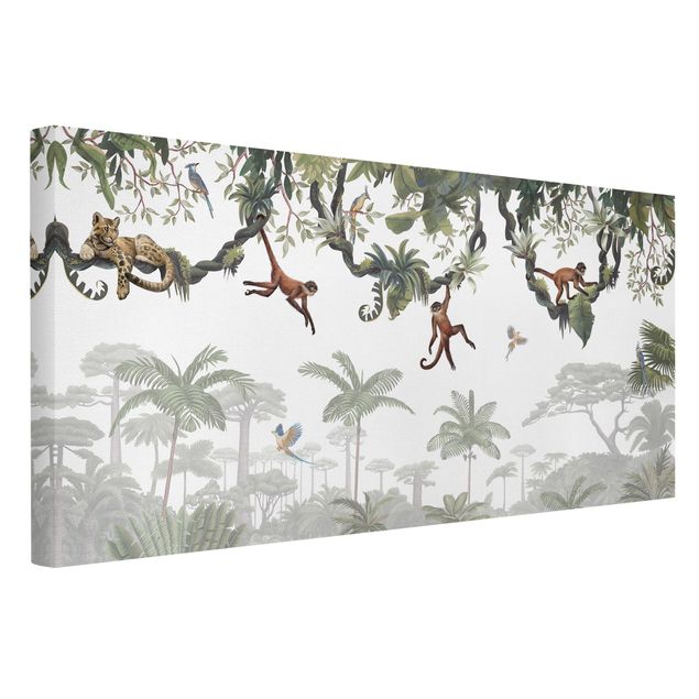 Quadri su tela con foresta Scimmie dispettose nelle chiome tropicali