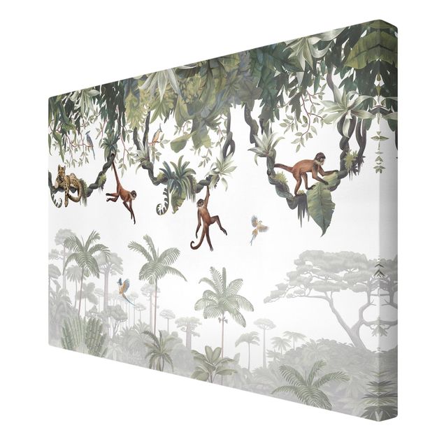 Quadri con alberi Scimmie dispettose nelle chiome tropicali