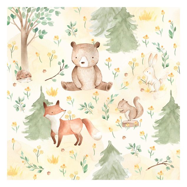 Carta da parati con animali Volpe e orso con fiori e alberi