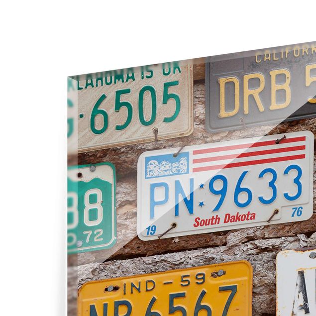 Quadro in vetro - American license plates on wood - Panoramico