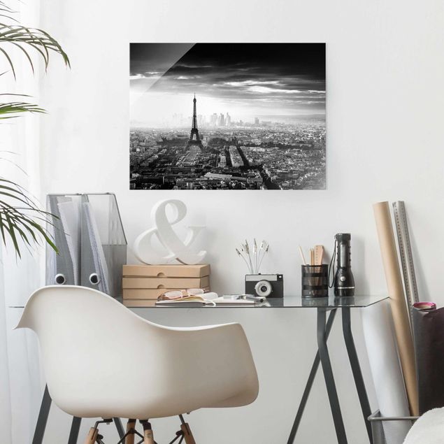 Quadri in vetro architettura e skylines La Torre Eiffel dall'alto in bianco e nero