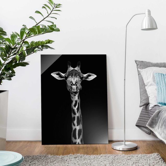 Quadri in vetro in bianco e nero Ritratto di giraffa scura