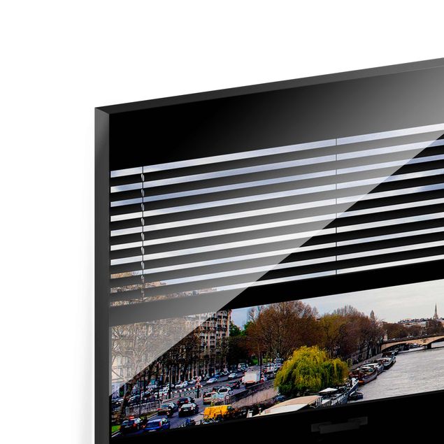 Glas Magnetboard Vista dalla finestra con tende - Senna e Torre Eiffel