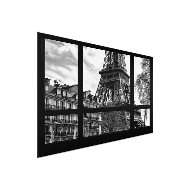 Quadri in vetro in bianco e nero Vista dalla finestra di Parigi - vicino alla Torre Eiffel