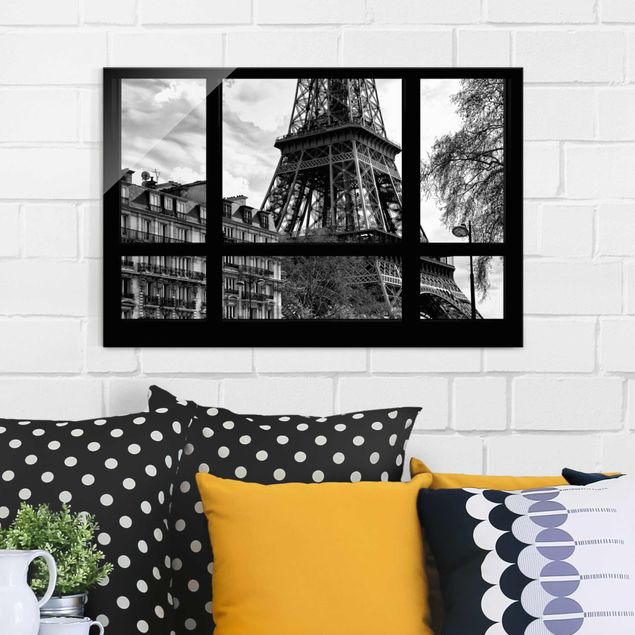 Quadri in vetro Parigi Vista dalla finestra Parigi - Vicino alla Torre Eiffel in bianco e nero
