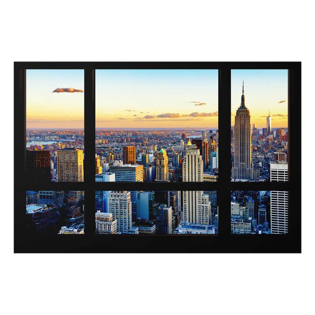 Quadri in vetro con architettura e skylines Vista dalla finestra - Alba di New York