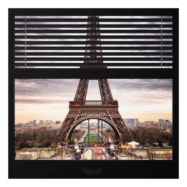 Quadri in vetro riproduzioni Vista dalla finestra con tende - Torre Eiffel Parigi