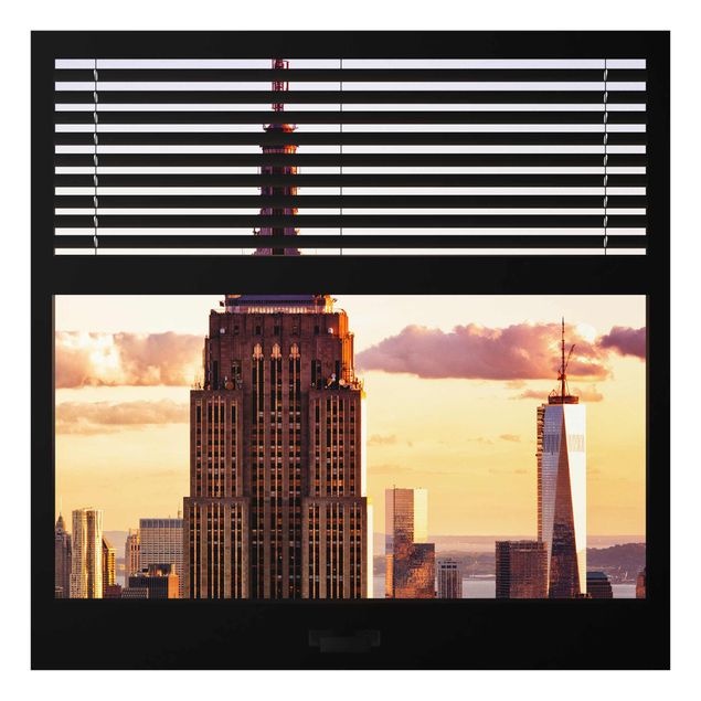 Quadri in vetro riproduzioni Vista dalla finestra con tende - Empire State Building di New York