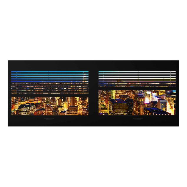 Quadri in vetro riproduzioni Vista dalla finestra con tende - New York di notte
