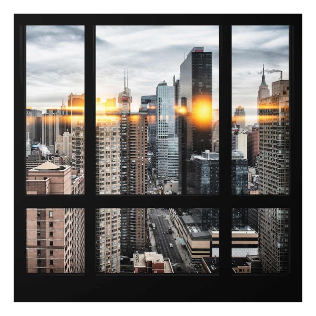 Quadri in vetro riproduzioni Finestre con vista su New York e riflessi del sole