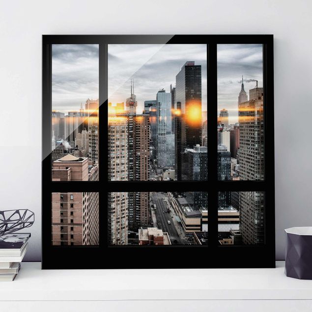 Quadri in vetro New York Finestre con vista su New York e riflessi del sole