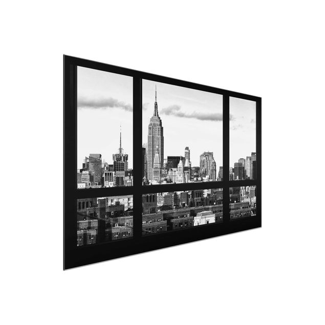 Quadri in vetro in bianco e nero Finestra Skyline di Manhattan in bianco e nero
