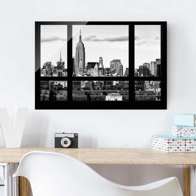 Quadri in vetro New York Finestra Skyline di Manhattan in bianco e nero