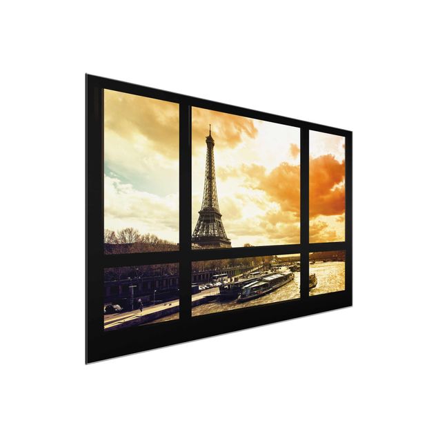 Quadri in vetro architettura e skylines Vista dalla finestra - Parigi Torre Eiffel al tramonto