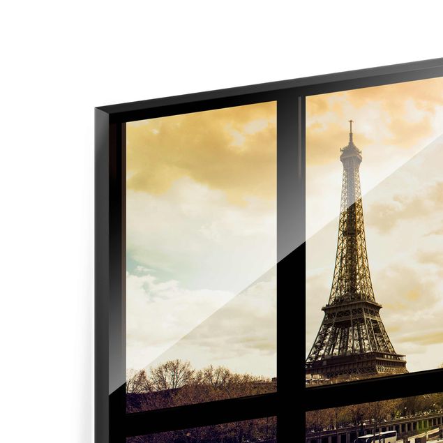Glas Magnettafel Vista dalla finestra - Parigi Torre Eiffel al tramonto