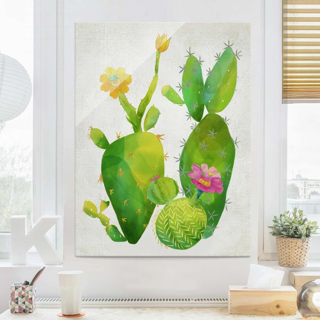 Quadri in vetro con fiori Famiglia di cactus in rosa e giallo