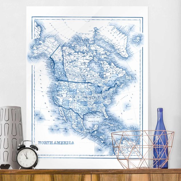 Quadri in vetro con mappamondo Mappa in toni blu - America del Nord