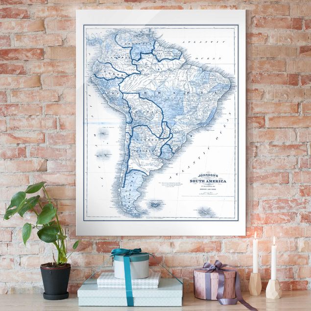 Quadri in vetro con mappamondo Mappa in toni blu - Sud America
