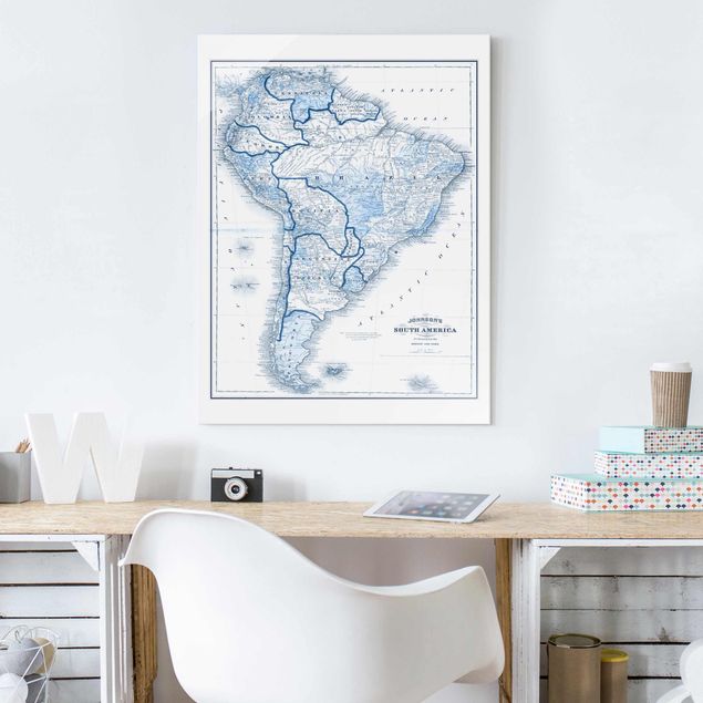 Quadro planisfero Mappa in toni blu - Sud America