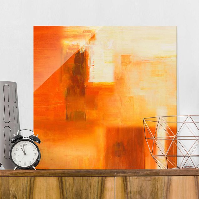 Quadri in vetro astratti Petra Schüßler - Composizione in arancione e marrone 02