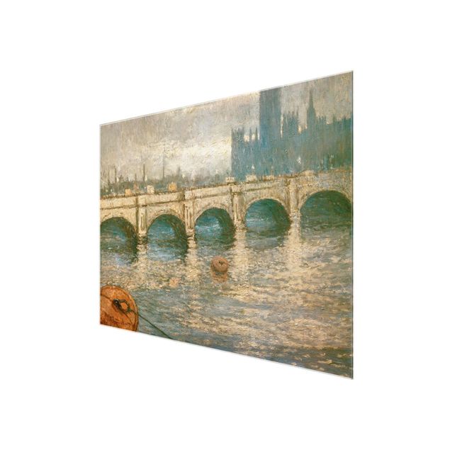 Quadri in vetro con architettura e skylines Claude Monet - Il ponte sul Tamigi e il palazzo del Parlamento a Londra