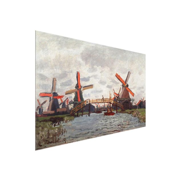 Quadri in vetro con architettura e skylines Claude Monet - Mulini a vento a Westzijderveld, vicino a Zaandam