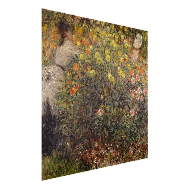 Quadri in vetro con fiori Claude Monet - Due signore nel giardino fiorito