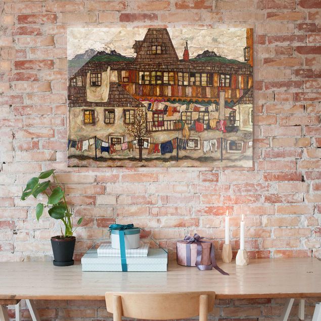 Stile artistico Egon Schiele - Casa con biancheria ad asciugare