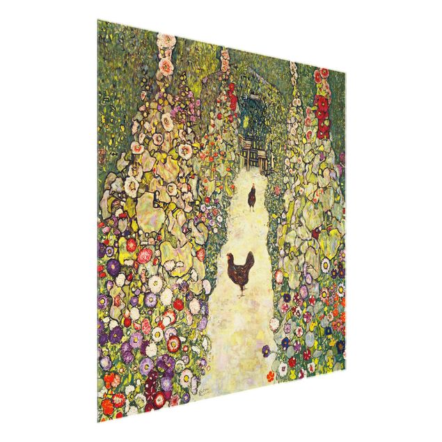 Quadri in vetro con fiori Gustav Klimt - Sentiero del giardino con galline