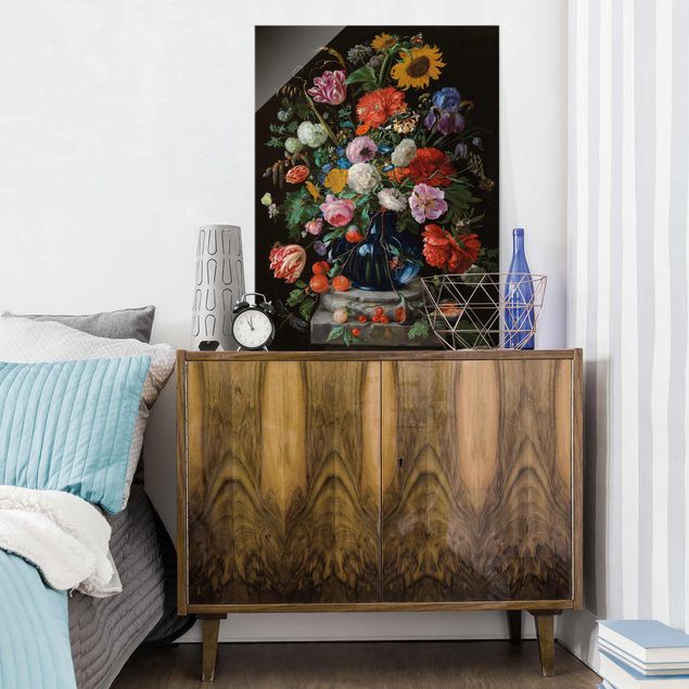 Stile di pittura Jan Davidsz de Heem - Tulipani, un girasole, un'iris e altri fiori in un vaso di vetro sulla base di marmo di una colonna
