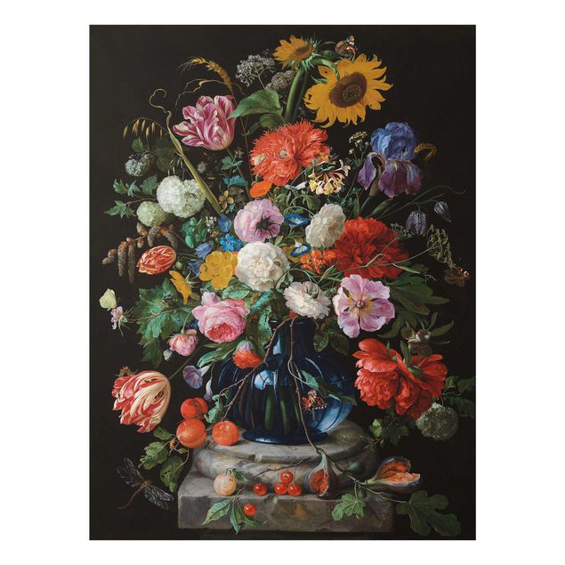 Quadro moderno Jan Davidsz de Heem - Tulipani, un girasole, un'iris e altri fiori in un vaso di vetro sulla base di marmo di una colonna