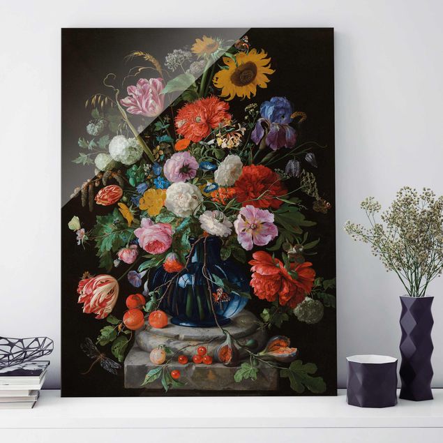 Stampe quadri famosi Jan Davidsz de Heem - Tulipani, un girasole, un'iris e altri fiori in un vaso di vetro sulla base di marmo di una colonna