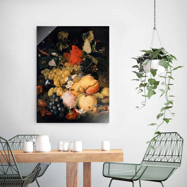 Quadri in vetro riproduzioni Jan van Huysum - Frutta, fiori e insetti