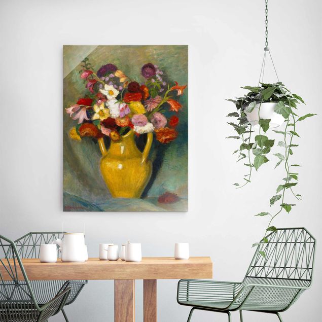 Quadro espressionismo Otto Modersohn - Bouquet colorato in una brocca di argilla gialla