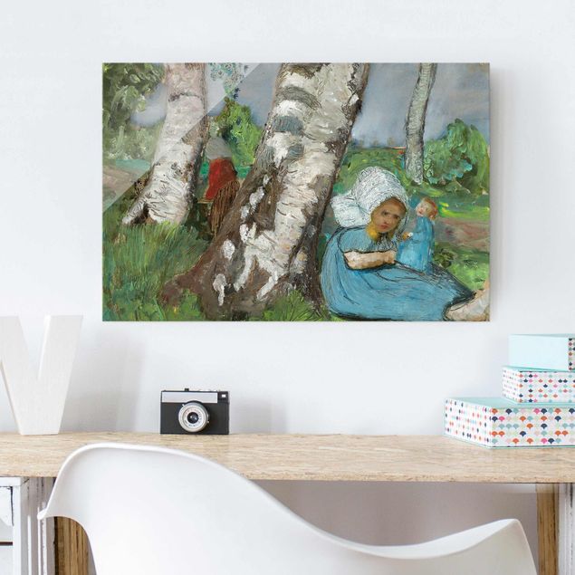 Quadro paesaggio Paula Modersohn-Becker - Bambino con bambola seduto su un tronco di betulla