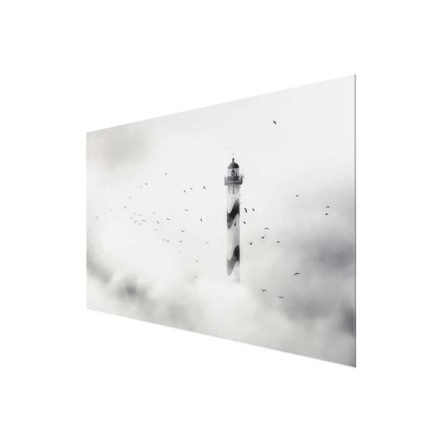 Quadri in vetro in bianco e nero Faro nella nebbia