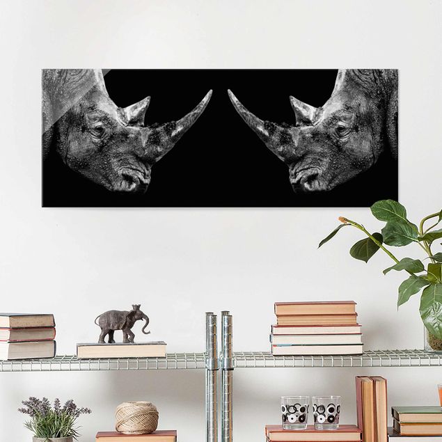 Quadri in vetro in bianco e nero Duello di rinoceronti