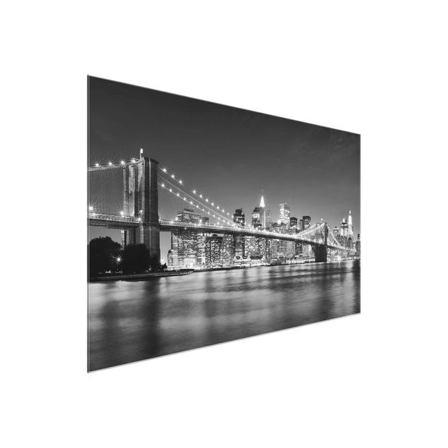Quadri in vetro in bianco e nero Ponte di Manhattan di notte II