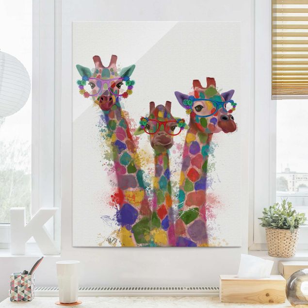 Quadri giraffa Trio di giraffe con schizzi arcobaleno