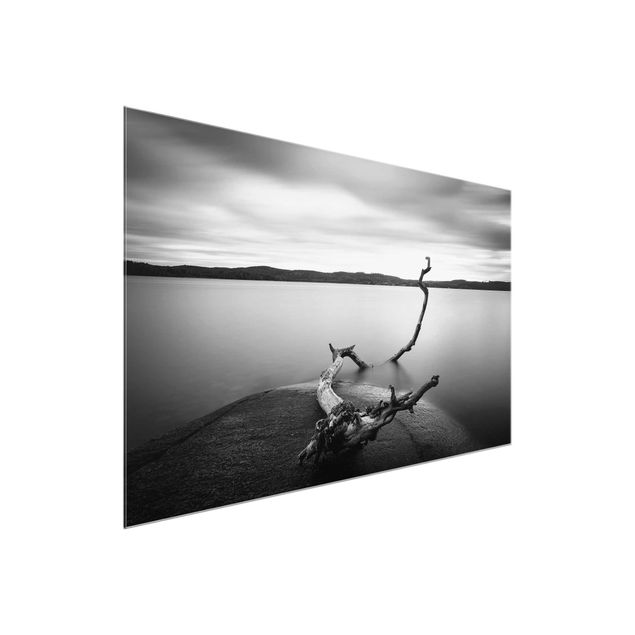 Quadri in vetro con paesaggio Tramonto in bianco e nero sul lago