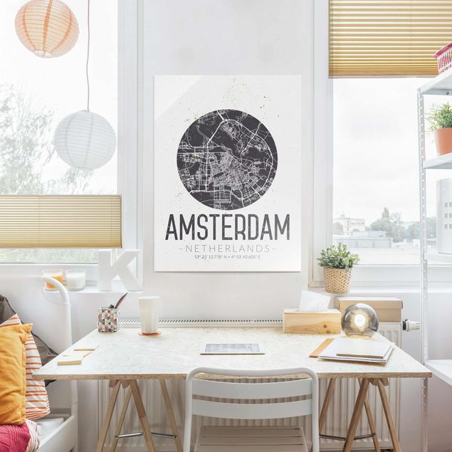 Quadri in vetro con mappamondo Mappa della città di Amsterdam - Retrò