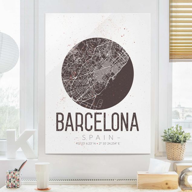 Quadri in vetro in bianco e nero Mappa della città di Barcellona - Retrò