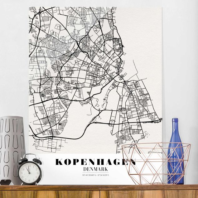 Quadri in vetro in bianco e nero Mappa di Copenaghen - Classica