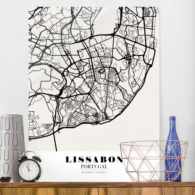 Quadri in vetro in bianco e nero Mappa di Lisbona - Classica
