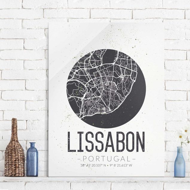 Quadri in vetro in bianco e nero Mappa di Lisbona - Retrò