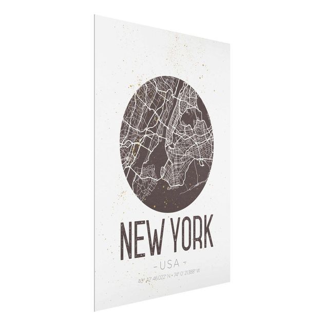 Quadri in vetro con mappamondo Mappa di New York - Retrò