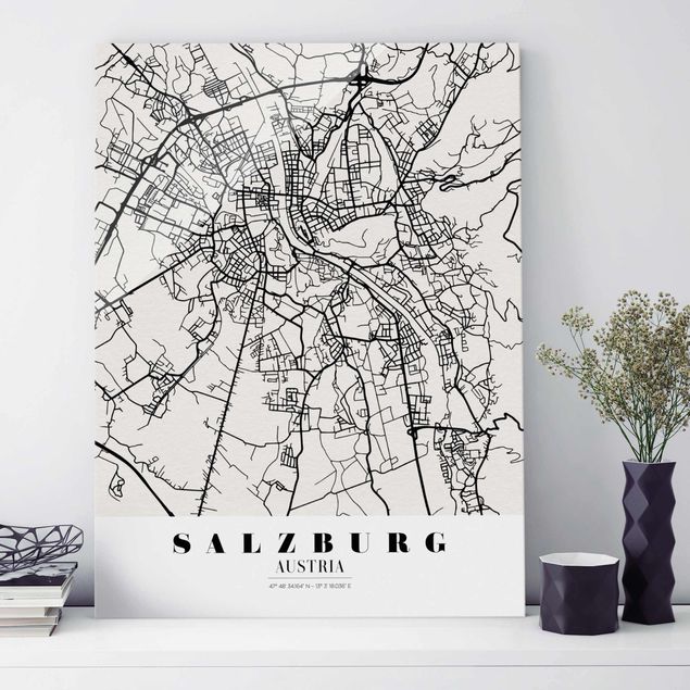 Quadri in vetro in bianco e nero Mappa di Salisburgo - Classica