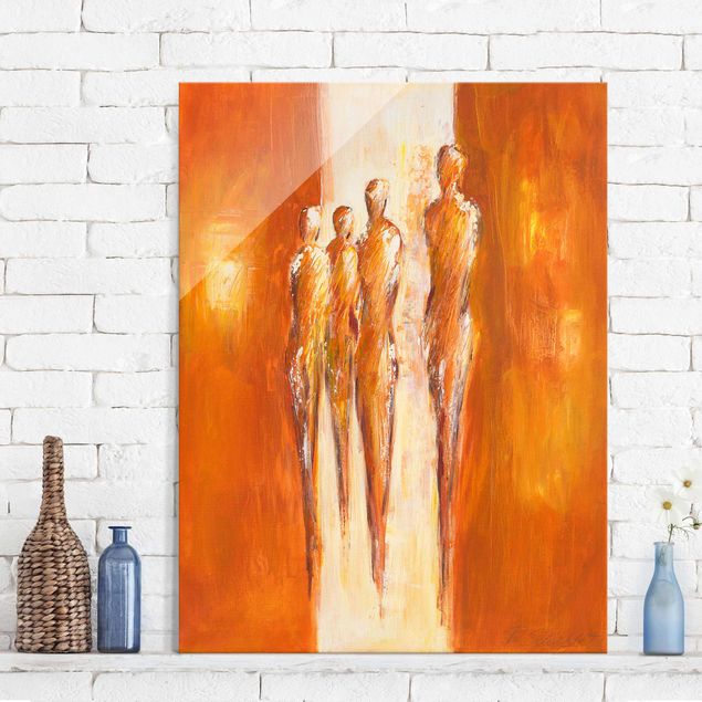 Quadri in vetro astratti Quattro figure in arancione 02