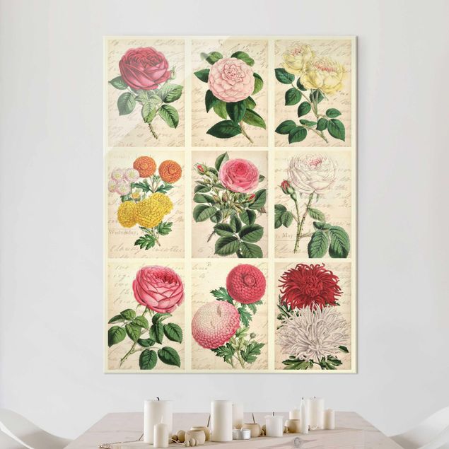 Quadri in vetro con rose Collage floreale vintage